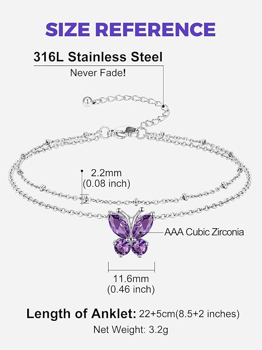 Richsteel Double Layer Heart/Butterfly Birthstone Anklet for Women Non Tarnish Waterproof, Silver/Gold/Black Stainless Steel 8.5-10.5 Inch Adjustable Chain Anklets Jewelry Gifts for Her