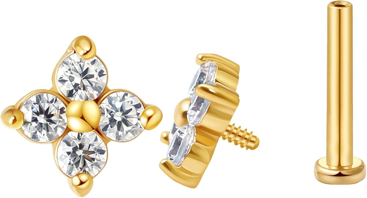 FANSING CZ Flower Internally Threaded Flat Back Earring Labret Stud for Cartilage Tragus Helix Conch