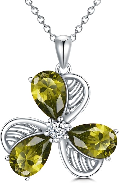 925 Sterling Silver Birthstone Clover Necklace Women’s Shamrock Dainty Flower Pendant Choker Necklace Cute Peridot Gemstone Flower Birthday Christmas Jewelry for Mom Wife