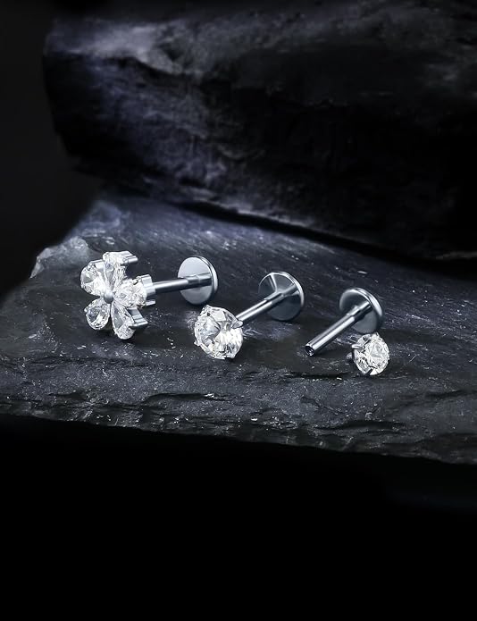20G 18G 16G Astm F136 Titanium Internal Thread Flat Back Earrings Nose Studs Tragus Forward Helix Conch Cartilage Lobe Earring Stud Medusa Labret Monroe Lip Ring Piercing Jewelry For Women Men