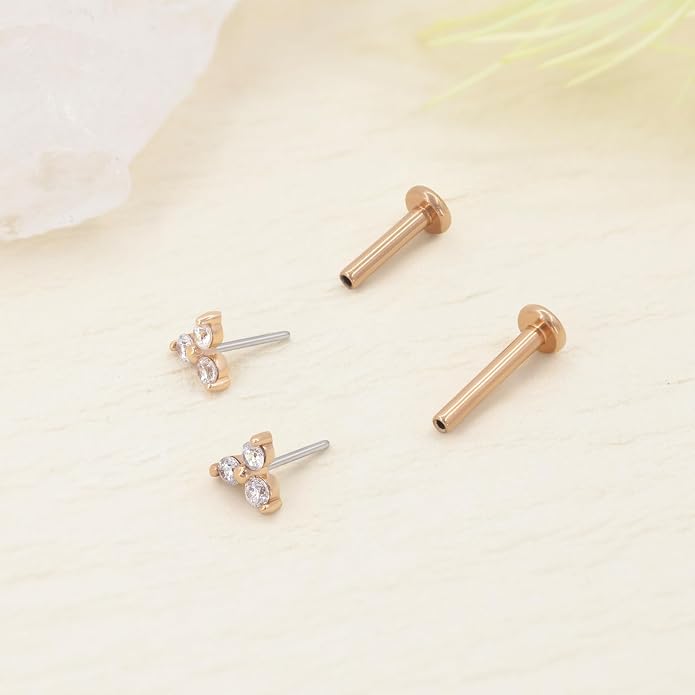 14K Yellow/White/Rose Gold Threadless Earring Top Push in 1 Pcs Triple Clear CZ Flat Back Nose Stud Threadless Cartilage Earring Helix Stud Tragus Piercing Jewelry for Women 6mm/8mm