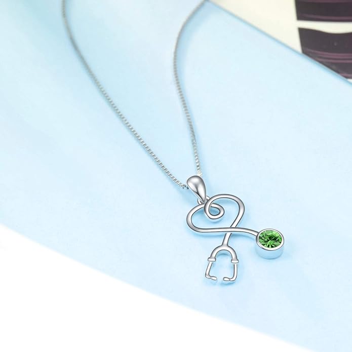 AOBOCO Stethoscope Necklace 925 Sterling Silver Embellished with 12 Months Birthstone Crystals from Austria, Graduation Gifts Medical Jewelry for Doctor Nurse Medical Student RN