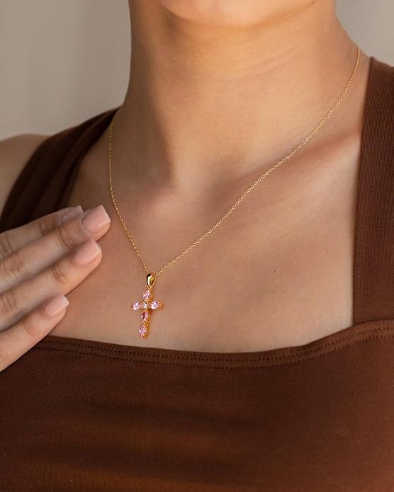 14K Gold Plated 925 Sterling Silver Birthstone Cross Necklace for Women Men