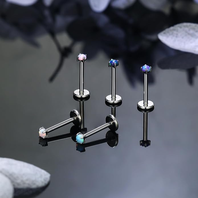 Ruifan Titanium Flat Back Lip Rings Threadless Push in Earrings Studs Nose Rings 20G 18G 16G Mix Colors Opal Tragus Cartilage Lobe Rook Helix Conch Labret Medusa Nostril Piercing Jewelry for Women Men