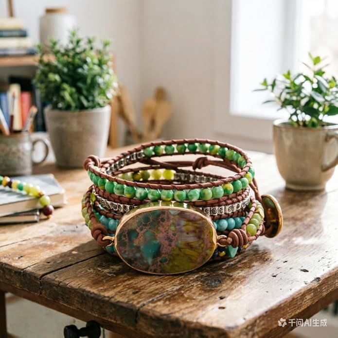 YGLINE Bohemian Handmade Bracelet Adjustable Natural Stone Jasper Bangle Leather Bracelet for Women – Wide Wrap Wrist Statement Jewelry