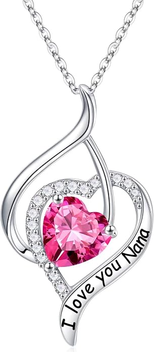 Nana Gifts Sterling Silver Heart Birthstone Necklaces, I Love You Nana Gifts for Mothers, Grandma