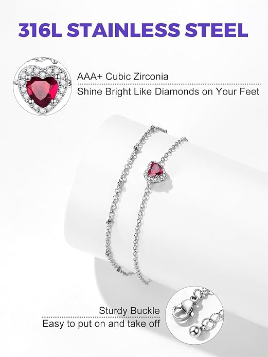 Richsteel Double Layer Heart/Butterfly Birthstone Anklet for Women Non Tarnish Waterproof, Silver/Gold/Black Stainless Steel 8.5-10.5 Inch Adjustable Chain Anklets Jewelry Gifts for Her