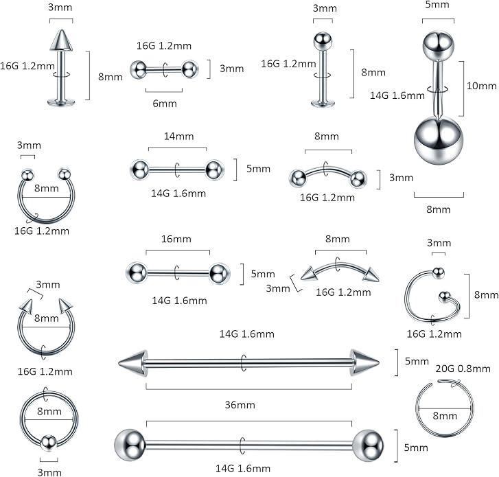 Xpircn 150PCS Piercing Kit Jewelry Stainless Steel Lip Nose Tongue Tragus Cartilage Daith Eeybrow Belly Button Rings Body Piercing Tools 14G 16G 20G