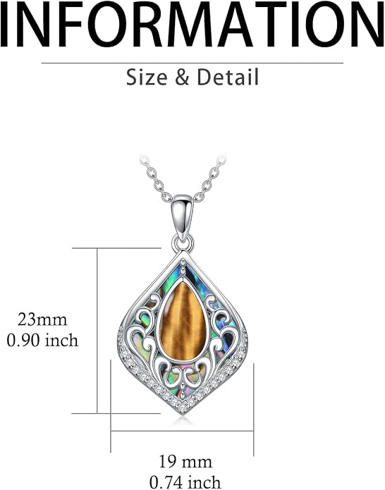 HPQQ Filigree Gemstone Necklace 925 Sterling Silver Teardrop Bohemian Necklace Abalone Shell Jewelry Birthday Gifts for Women