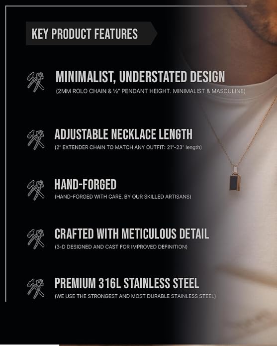 Forge & Foundry Men's Minimalist Stainless Steel and Solid Onyx Inlay Pendant | 21 Inch Rolo Chain | Design-Led Artisan Jewelry, from London