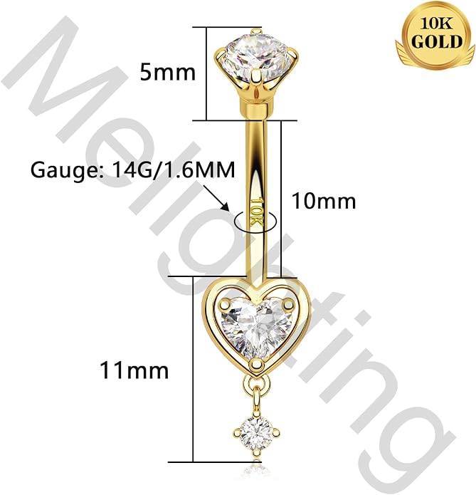 Melighting 14K Solid Gold Belly Button Ring Heart Belly Ring Gold Dangle Belly Piercing Jewelry 14G Navel Ring for Women