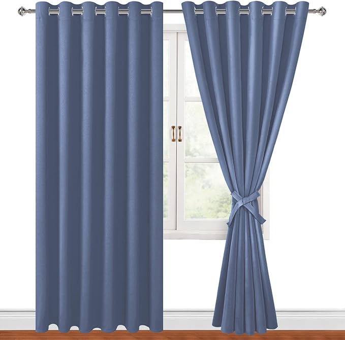 Hiasan Grommet Blackout Curtains for Bedroom, 70 x 84 Inches - Thermal Insulated & Light Blocking Window Drapes for Living Room/Dorm Room, Set of 2 Panels Sewn with Tiebacks, Blue Haze
