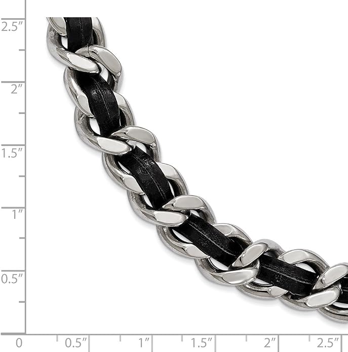 Solid Stainless Steel Polished Blk Leather 2In. Ext. Curb Choker Necklace