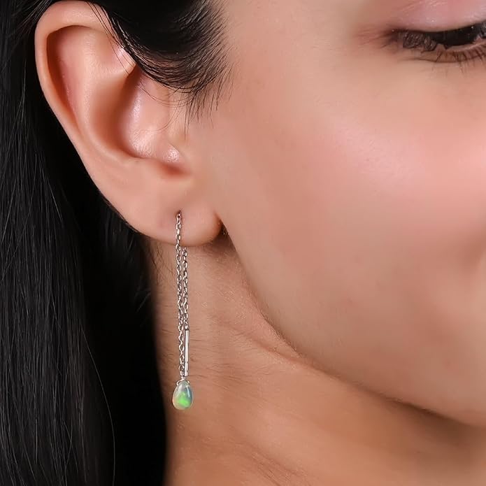 Sterling Silver Threader Earrings with Real Gemstone Beads - Elegant Pull-Through Design for Women, Dangling Western Earrings, Long and Short Adjustable Earring