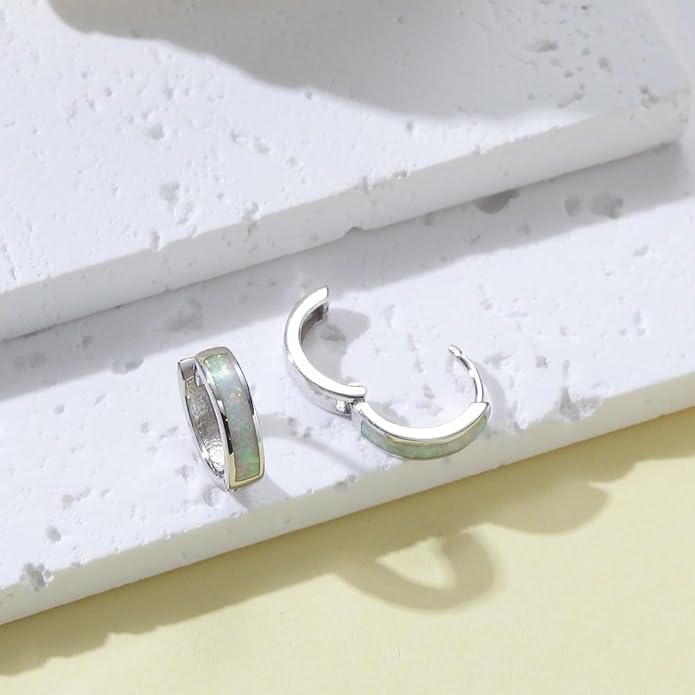 CUOKA MIRACLE 925 Sterling Silver Opal Hoop Earrings for Women - Opal Hinged Huggie Hoops, Hypoallergenic Small Hoop Earrings for Sensitive Ears, Dainty Everyday Jewelry Birthday Christmas Gift