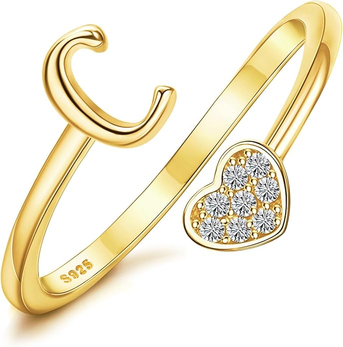 MILACOLATO 925 Sterling Silver Initial Rings for Women Teen Girl 18K Gold Plated Heart Initial Rings Adjustable Capital Letter Ring Stackable Thumb Pinky Rings for Daughter Birthday Bridesmaid Gifts Jewelry, A to Z