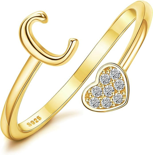MILACOLATO 925 Sterling Silver Initial Rings for Women Teen Girl 18K Gold Plated Heart Initial Rings Adjustable Capital Letter Ring Stackable Thumb Pinky Rings for Daughter Birthday Bridesmaid Gifts Jewelry, A to Z