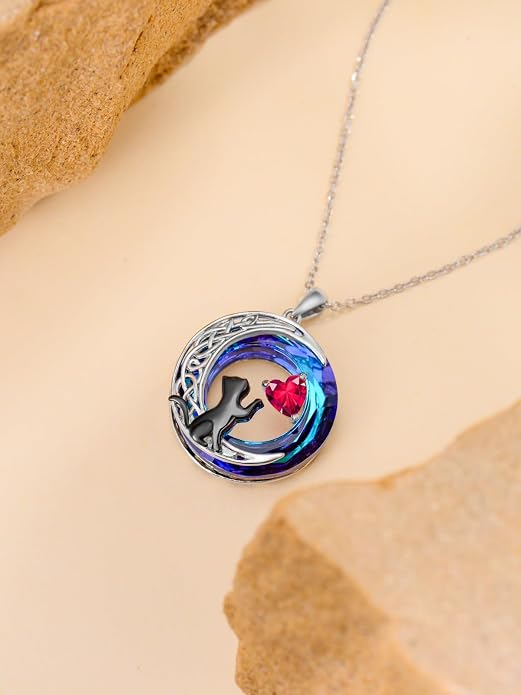 TOUPOP Cat Gifts for Cats Lovers 925 Sterling Silver Black Cat Necklace Celtic Moon Birthstone Jewelry for Women Anniversary Birthday Gift for Her Wife Mom