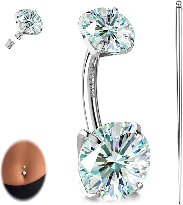 GEMQUEEN Moissanite ＆ G23 TItanium Belly Button Ring 18K Gold Plated Hypoallergenic Internally Threaded Belly Rings 14G Navel Piercing Jewelry For Women Men D Color VVS1 Clarity Brilliant Cut