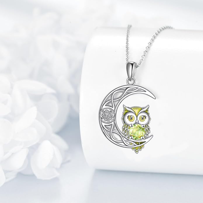 Owl Birthstone Necklace Sterling Silver Celtic Moon Pendant Cubic Zirconia Owls Jewelry Birthday Gifts for Women Men