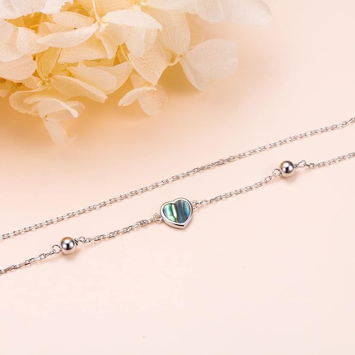 Ladytree S925 Sterling Silver Boho Beach Double Layer Anklets Bracelet for Women Adjustable 9 to 11 inches