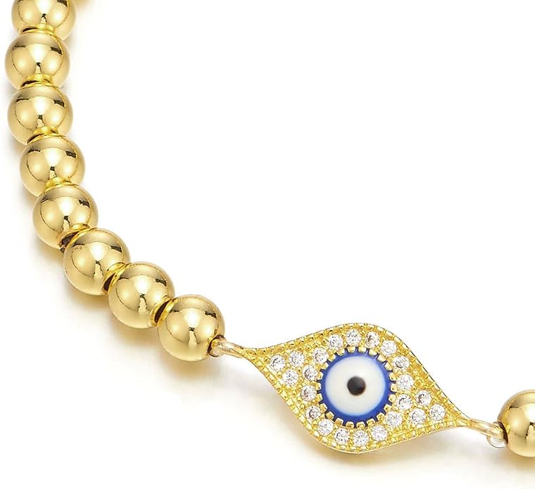 COOLSTEELANDBEYOND Beads Bracelet for Women Men with Cubic Zirconia Protection Evil Eye