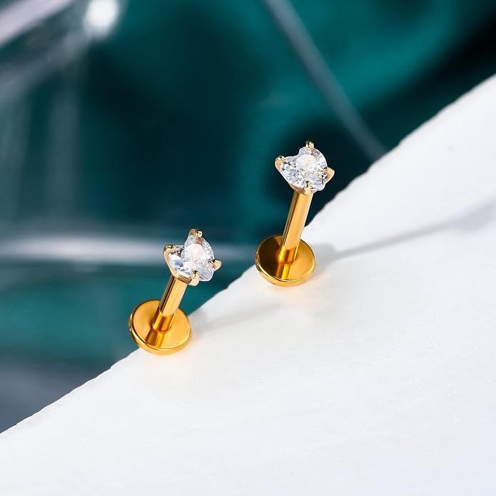 Cocharm 14K Gold Cartilage Earring Stud Yellow Gold Flat Back Helix Stud Push in Tragus Earring