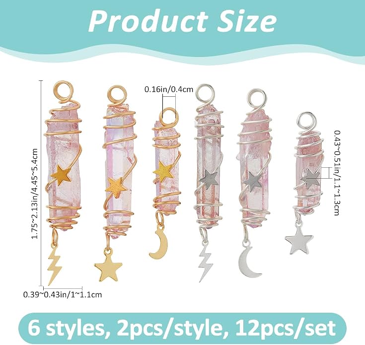 SUPERFINDINGS 12 Pcs 6 Styles Crystal Pendant Necklace Healing Crystal Necklace Natural Quartz Stone Pendant Necklaces Star Moon Copper Wire Wrapped for Necklace Bracelet Jewelry Making