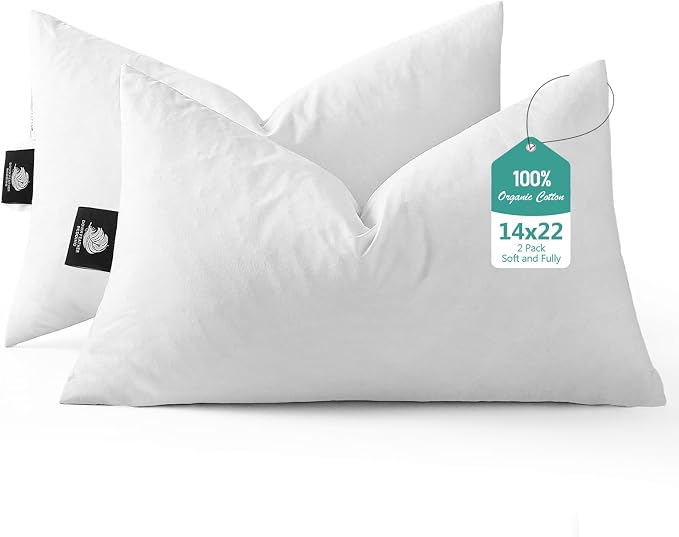 BPC Luxury Feather Down 14x22 Pillow Inserts Set of 2, Soft Fluffy Throw Pillows, 100% Organic Cotton Cover, Lumbar Pillow Insert for Couch, Living Room, Bed, Sofa