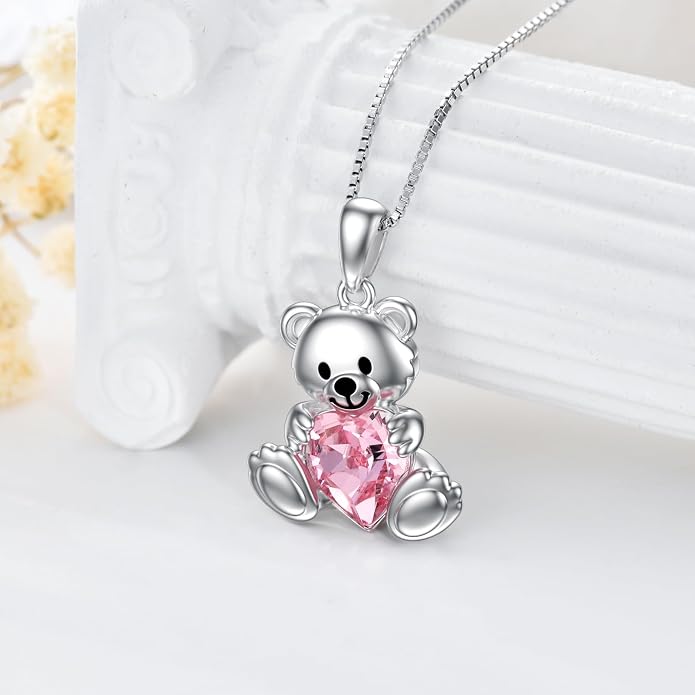 PELOVNY Teddy Bear Necklace for Women 925 Sterling Silver Bear/Highland Cow/Fox/Cat/Axolotl Birthstone Necklace Christmas Birthday Jewelry Gifts for Mom Daughter Wife Sister