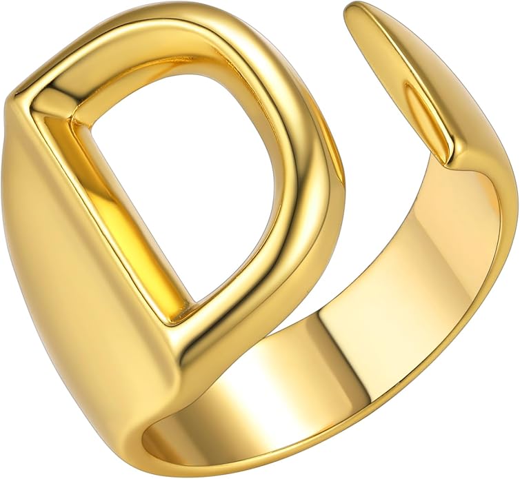 KeyStyle Bold Initial Letter Rings Adjustable, GoldChic Jewelry Women Gold Statement Ring Personalized Engraved Women’s Open Signet Ring for Party (Gold, White Gold, Black)