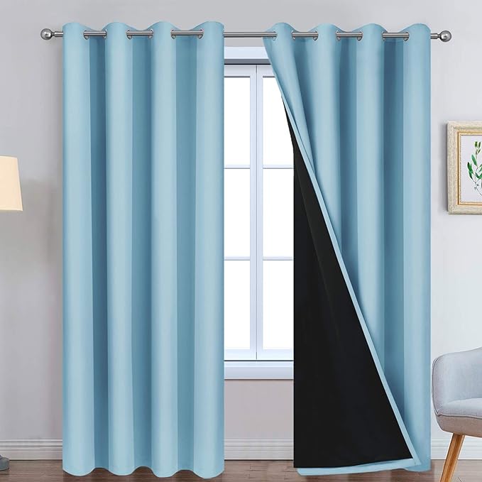 Yakamok Sky Blue 100% Blackout Curtains 96 Inches Long 52" Wide 2 Panel | Blackout Curtain Panels for Bedroom, 2 Thick Layers Grommet Top Thermal Insulated Drapes with Black Liner for Living Room