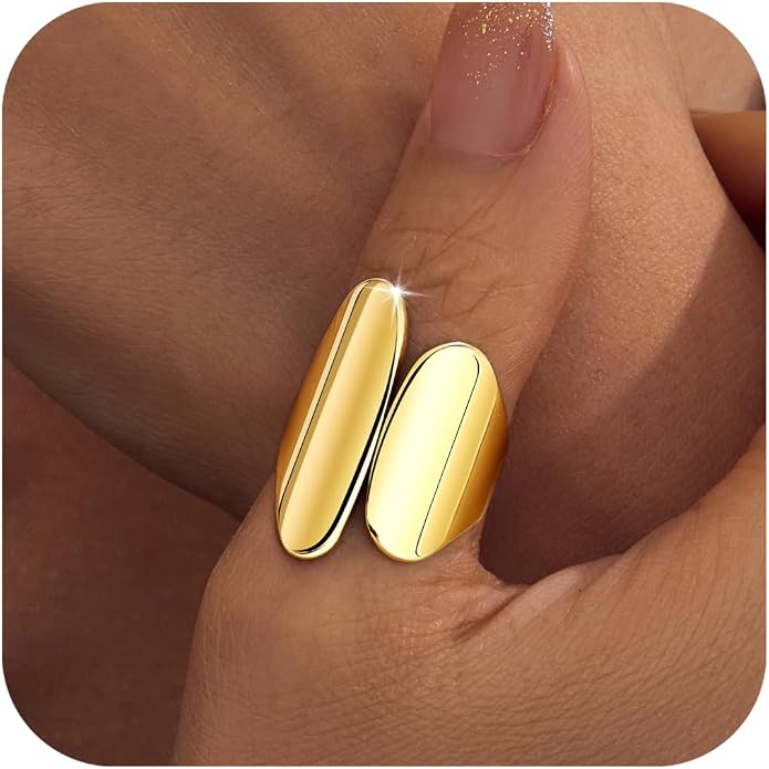 Gelbesty Waterproof Gold Statement Rings for Women, 14K Gold Plated Chunky Open Stackable Rings Non Tarnish Fashion Adjustable Stainless Steel Pinky Knuckle Signet Vintage Ring Jewelry Size 5-11