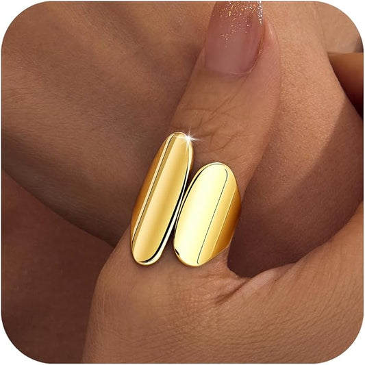 Gelbesty Waterproof Gold Statement Rings for Women, 14K Gold Plated Chunky Open Stackable Rings Non Tarnish Fashion Adjustable Stainless Steel Pinky Knuckle Signet Vintage Ring Jewelry Size 5-11