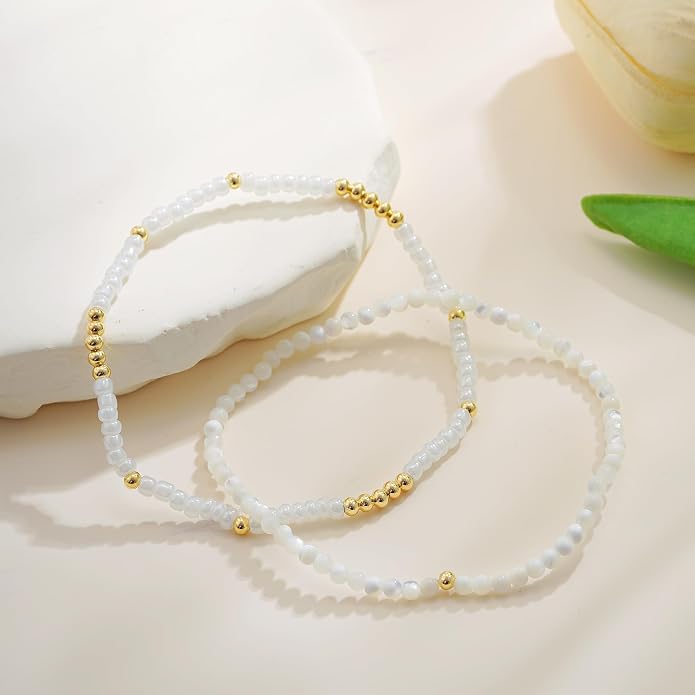 Boho Gold Anklet Bracelets for Women, Waterproof Beach Layered Pearl Beaded Turquoise Anklets Set Handmade Jewelry Gift