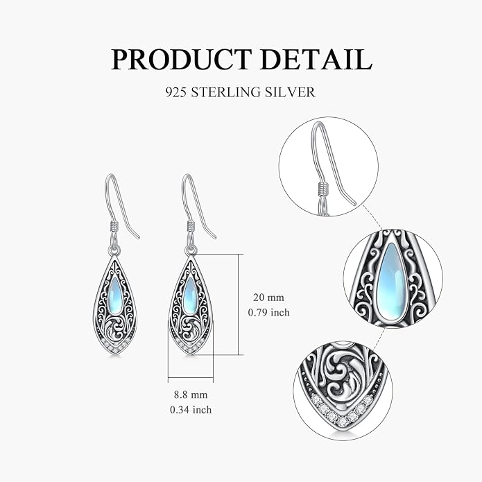 PROESS Moonstone Turquoise Malachite Dangle/Hoop Earrings 925 Sterling Silver Infinity/Wave/Celtic Knot/Clover Filigree Teardrop Earrings Jewelry Presents for Women