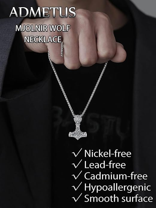 ADMETUS 925 Sterling Silver Thor Hammer Necklace Viking Mjolnir Pendant Jewelry Gifts for Men with 2.5mm 22"+2" Rolo Chain