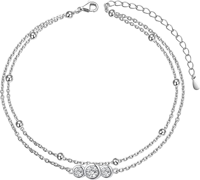 Flyow Anklet for Women S925 Sterling Silver Adjustable Foot Beaded Heart Charm Ankle Bracelet Anklets Jewelry