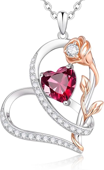 Rose Heart Birthstone Necklace for Women - Dainty 925 Sterling Silver Necklaces for Women Trendy CZ Pendant Necklace Jewelry Birthday Anniversary Christmas Gifts for Girlfriend Mom Lady Daughter