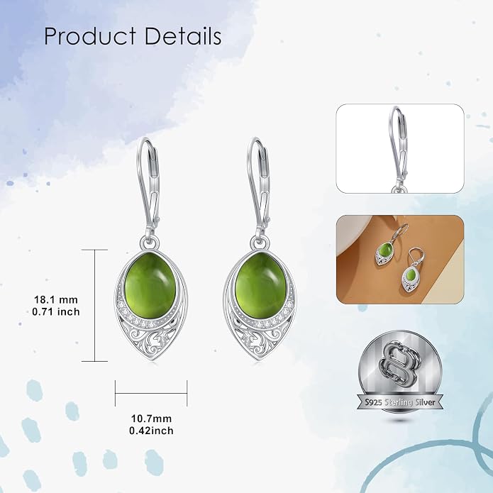 PROESS Filigree Teardrop Earrings S925 Sterling Silver Turquoise/Black Onyx/Peridot/Lapis Lazuli/Abalone Dangle Earrings Teardrop Jewelry for Women Mothers Day Birthday Christmas Gifts