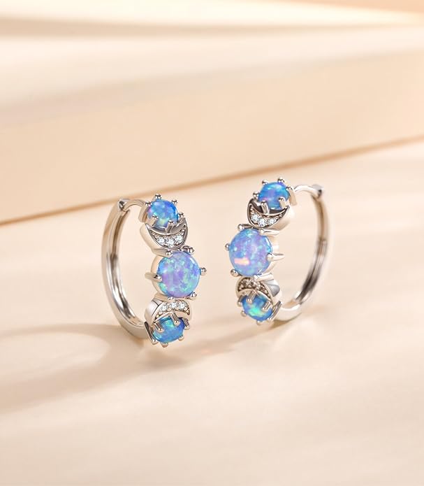 Opal Earrings for Women Gold Plated Hoop Earrings with Blue Opal Huggie with 925 Sterling Silver Post