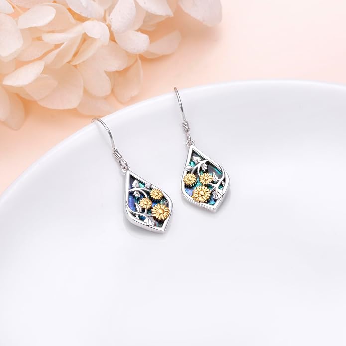 Sunflower Earrings for Women 925 Sterling Silver Dangle Earrings | Hypoallergenic Fishhook, Natural Abalone Shell, 18k Gold Plated Sunflower, Dangle Drop Earrings, Jewelry Gift for Graduation