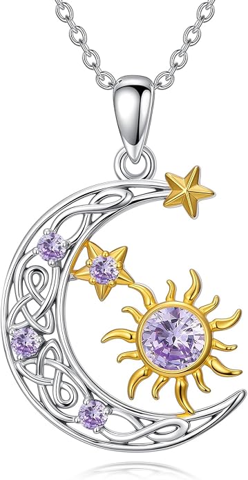 PELOVNY Sun and Moon Necklace for Women 925 Sterling Silver Sun Moon Star Birthstone Pendant Necklaces Birthday Christmas Jewelry Gifts for Mom Daughter Wife Sister