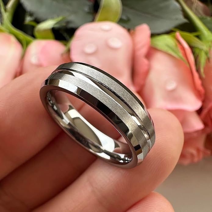 TUTISS 6mm 8mm Silver/Black/Blue/Gunmetal/Gold/Rose Gold Tungsten Rings for Men Women Fashion Engagement Wedding Bands Matte Finish Beveled Edges Comfort Fit