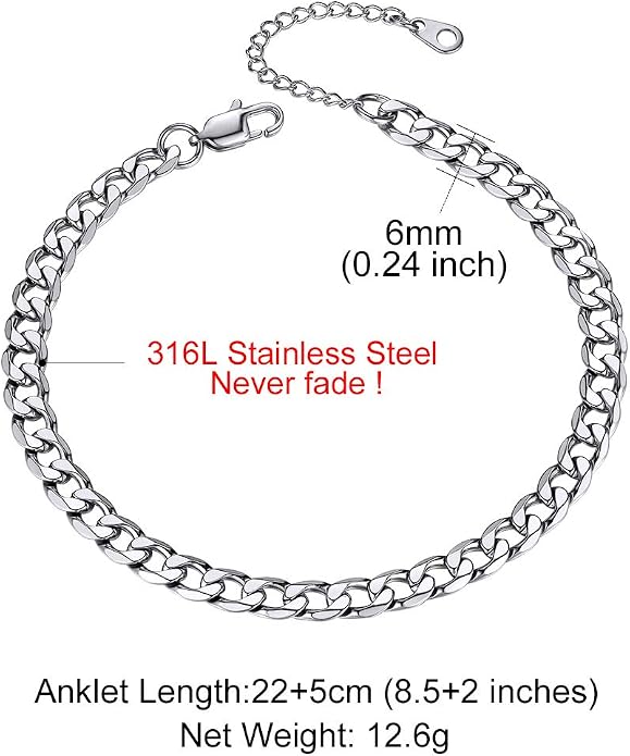 GoldChic Adjustbale Link Chain Anklet for Women Summer Jewelry, 316L Stainless Steel Figaro/Wheat/Twist Rope/Cuban Foot Bracelet-Waterproof, Resizable 9"-12" (Gift Box Included)
