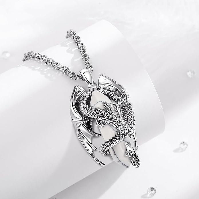 INFUSEU Unique Dragon Necklaces with Healing Crystal Stone for Men Women, Personalized Spiritual Gifts, 24 Inch Chain