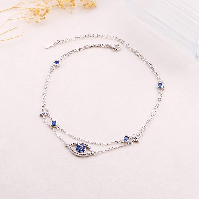 Anklets for Women 925 Sterling Silver Blue Evil Eye Infinity Butterfly Adjustable Multilayer Layered Summer Beach Ankle Bracelet Foot Chain Jewelry for Women