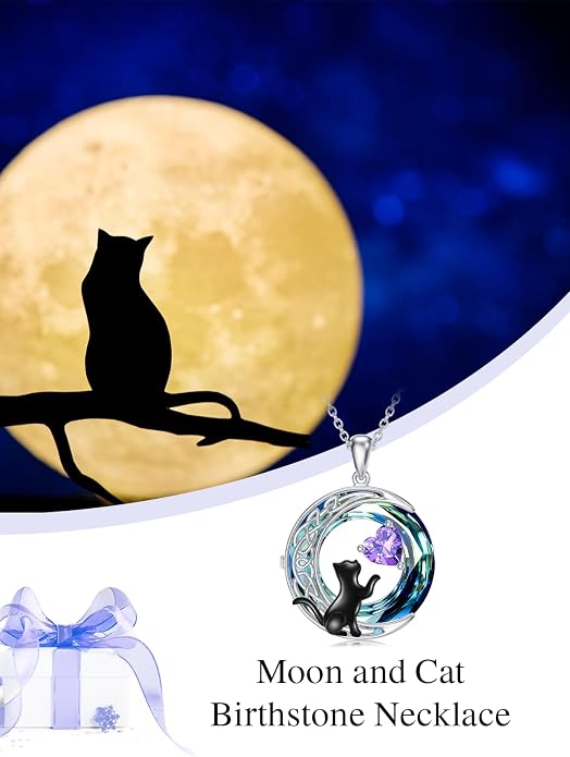 TOUPOP Cat Gifts for Cats Lovers 925 Sterling Silver Black Cat Necklace Celtic Moon Birthstone Jewelry for Women Anniversary Birthday Gift for Her Wife Mom