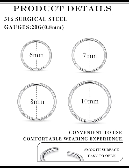 20G 18G 16G 14G 12G 10G 8G 6G Nose Rings Hoops 316l Surgical Steel Clicker Septum Lip Ring Tragus Helix Daith Rook Conch Snug Cartilage Lobe Earrings Hoop Piercing Jewelry For Women Men