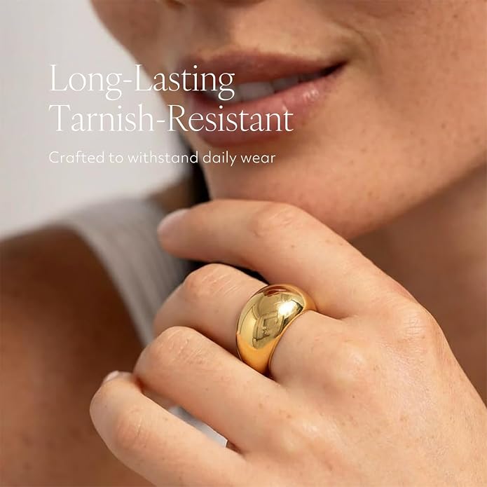 Chunky Statement Rings for Women, Wide Signet Dome Croissant Twist Band Non-Tarnish 18k Gold Plated Stainless Steel Size 5-11